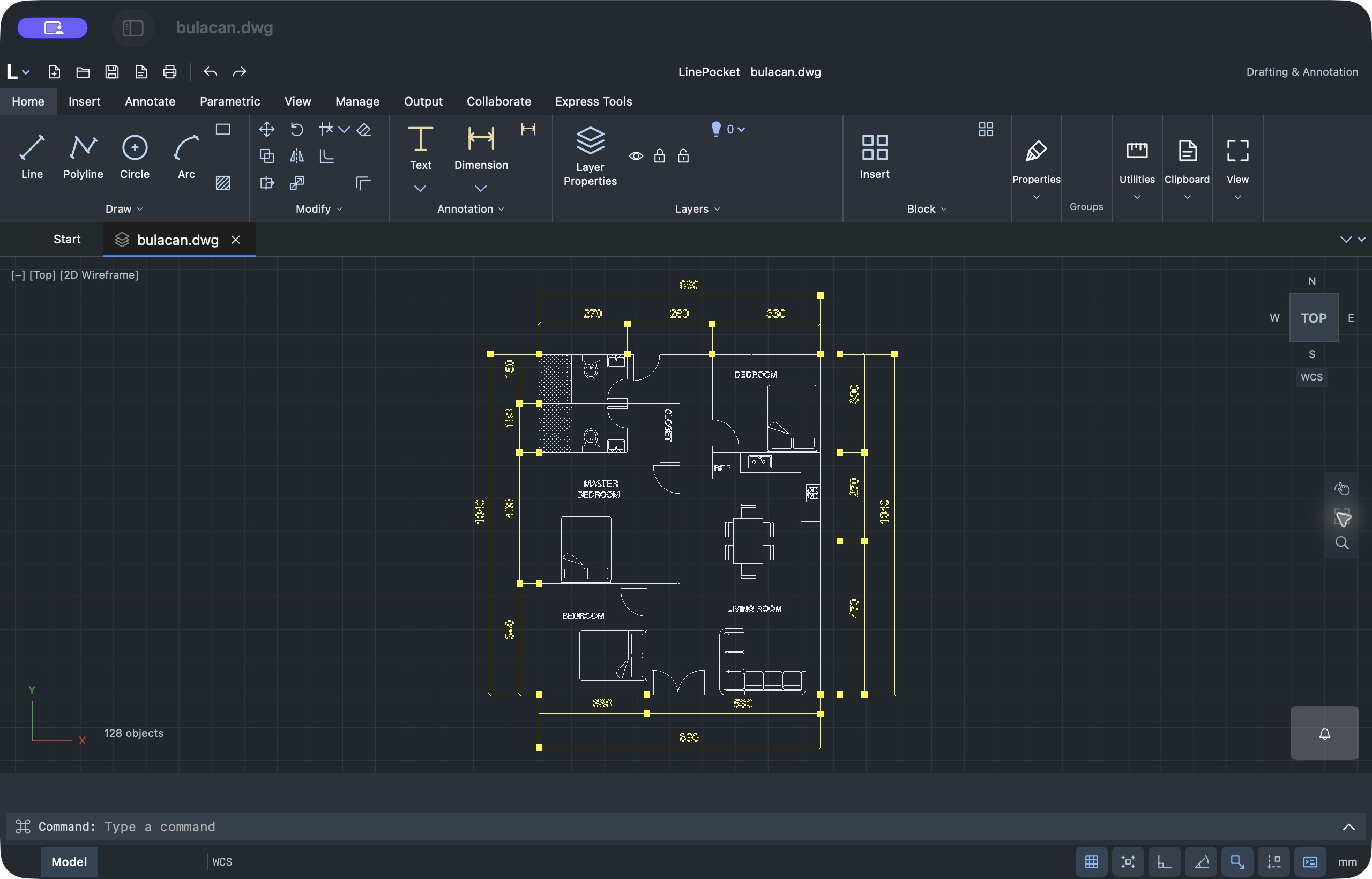 LinePocket for Mac development preview with CAD ribbon, command line and Bulacan floor plan